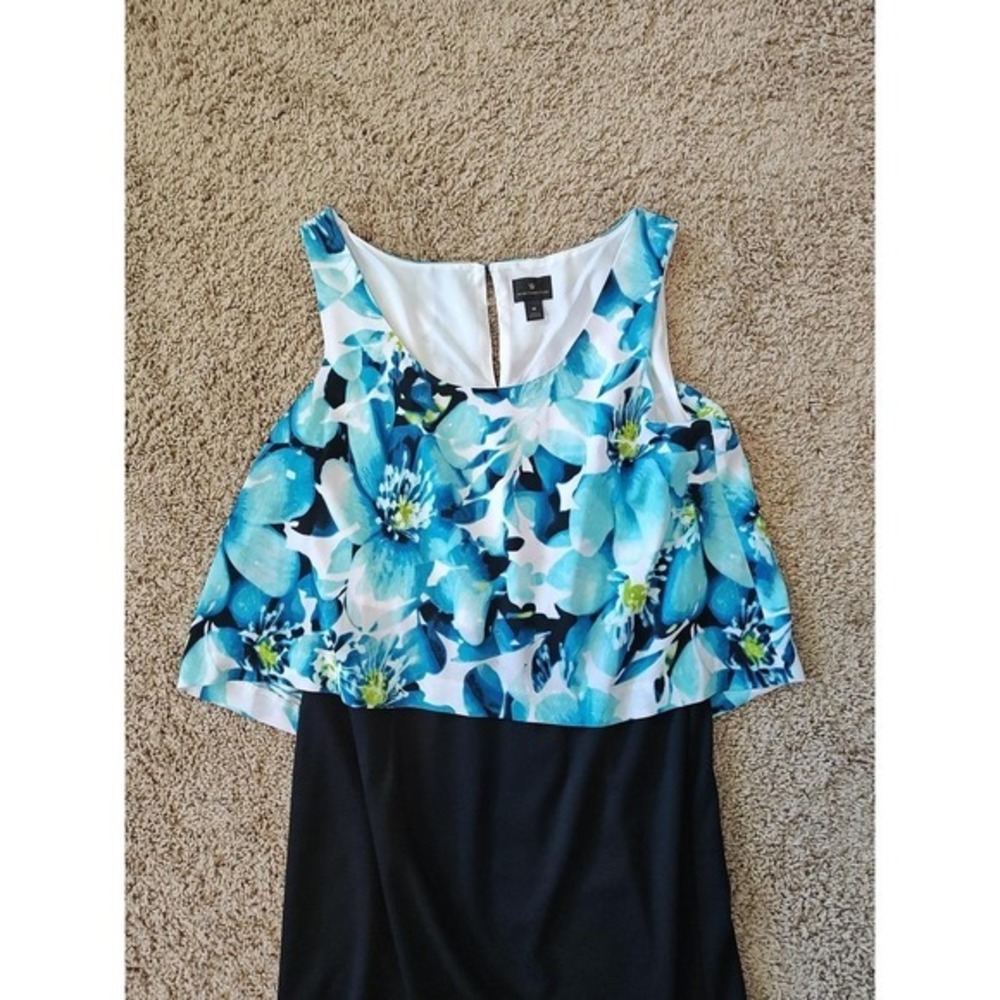 Women Worthington Dress Sz 10 Floral Popover Blue Black Sleeveless Shift Sheath - Picture 2 of 8